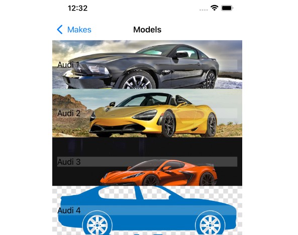 使用MVVM设计模式快速制作的应用程序，展示了汽车的品牌，型号和细节