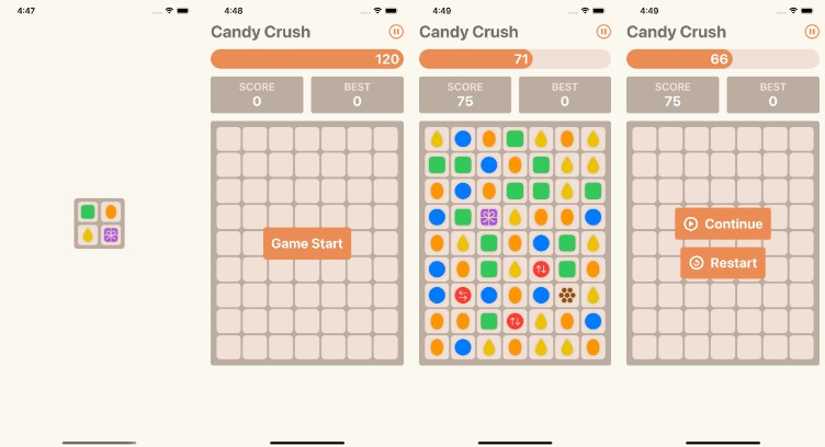像iOS游戏一样的糖果粉碎，连续切换并匹配3个或更多以获得积分和额外的连击