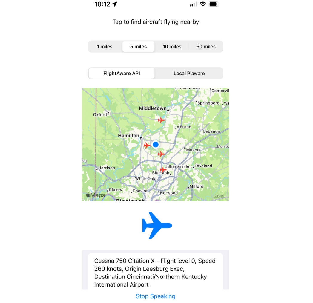 iOS App that announces aircraft that are flying overhead